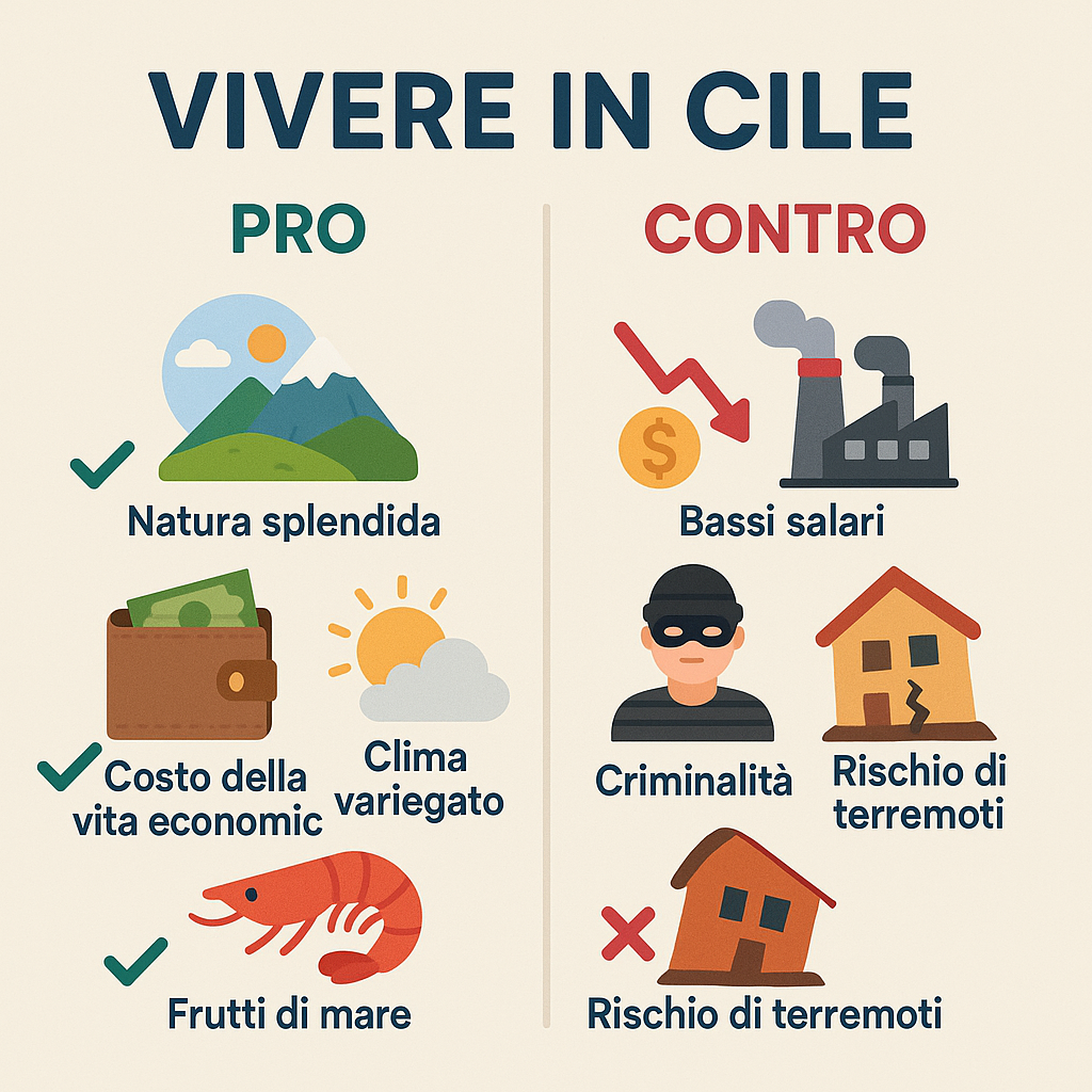 Scopri i pro e i contro di vivere in Cile nel 2025, raccontati da chi ha vissuto nel Paese per 12 anni e ora ha la prospettiva di chi è tornato in Italia. Costi, cultura, sanità e molto altro.